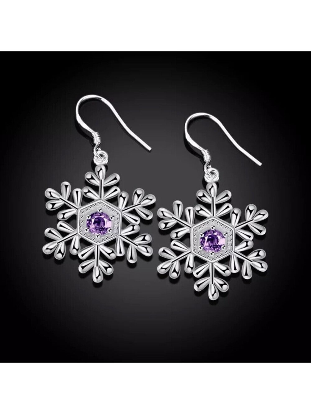 ~ New Absolutely Beautiful Purple Rhinestones Snowflake Dangle Earrings ~